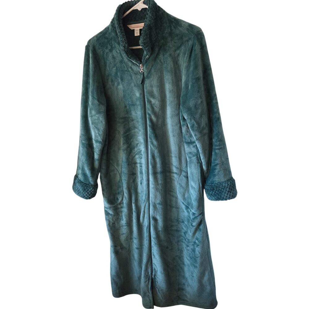 Stan Herman Medium Green Silky Shag Plush Tall Length Zip-Up Robe